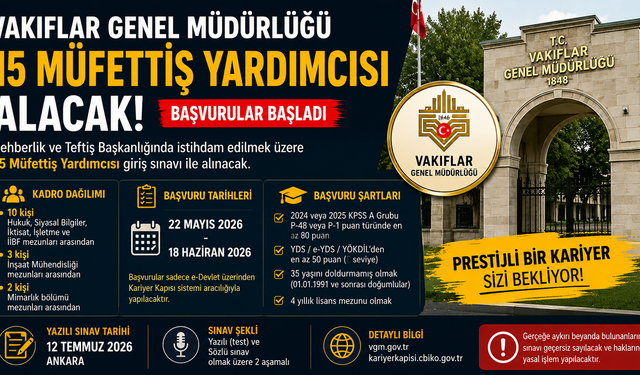 Vakıflar Genel Müdürlüğü 15 Müfettiş Yardımcısı Alacak! Başvurular Başladı